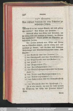 18te Stunde. Vom richtigen Gebrauch der beim Schreiben gewöhnlichen Zeichen.