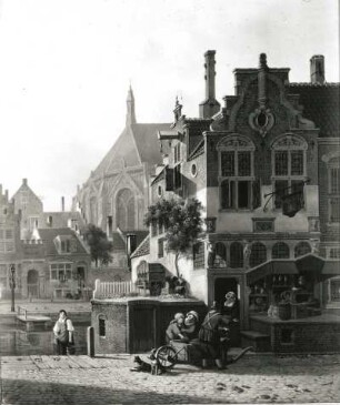 Holländisches Stadtbild mir Kirche, Bürgerhäusern und Staffage
