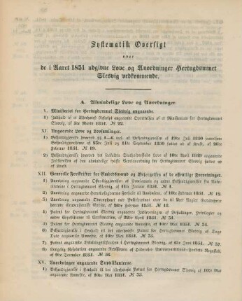 Systematisk Oversigt over de i Aaret 1851 udgivne Love og Anordninger Hertugdoemmet Slesvig vedkommende