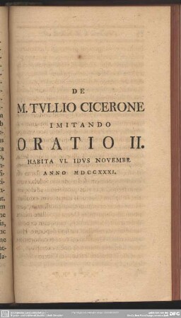 De M. Tullio Cicerone imitando Oratio II. Habita VI. Idus Novembr. Anno MDCCXXXI.