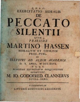 Exercitatio mor. de peccato silentii
