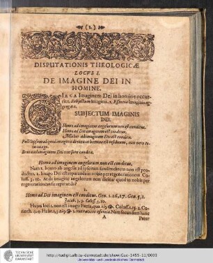Disputationis Theologicæ Locus I. De Imagine Dei In Homine.