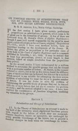 On possible groups of substitutions that can be formed with three, four, five, six, and seven letters respectively.