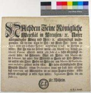 Ergänzung des Edikts von Friedrich Wilhelm I. König in Preußen betreffend die Setz- und Brutzeit von Vögeln und Wild - Korrektur des Zeitraums der Schonzeit