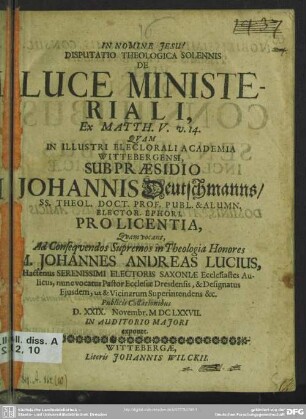Disputatio theologica solennis de luce ministeriali, ex Matth. V, v. 14