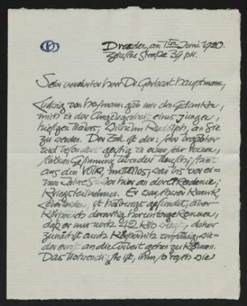 Brief von Otto Hettner an Gerhart Hauptmann