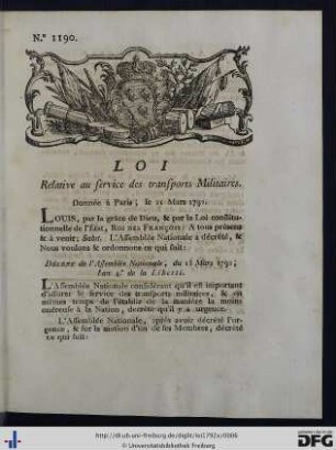 Loi Relative au service des transports Militaires.