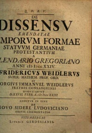 De dissensu emendatae temporum formae statuum Germaniae protestantium a Kalendario Gregoriano anno 1724