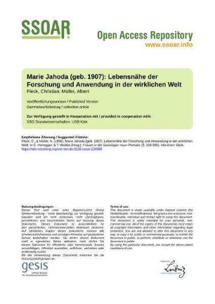 Marie Jahoda (geb. 1907): Lebensnähe der Forschung und Anwendung in der wirklichen Welt