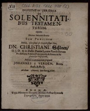 Disputatio Iuridica De Solennitate Testamentorum