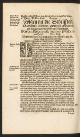 Folgen nu die Schrifften ... wider die Secte der Widertauffer. Von der Widertauffe an zween Pfarhern ein Brieff. Mart. Luth.