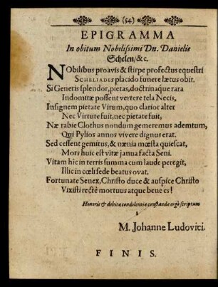 Epigramma In obitum Nobilissimi Dn. Danielis Schelen/ &c.