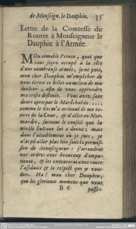 Lettre de la Comtesse du Rourre a Monseigneur le Dauphin a l'Armee