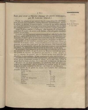 Faits pour servir á l'histoire chimique des pierres météoriques