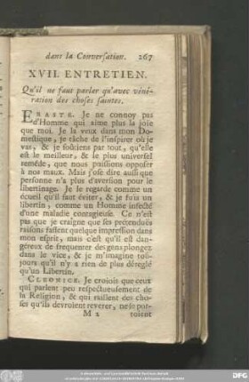 XVII. Entretien. Qu'il ne faut parler qu'avec vénération des choses saintes.