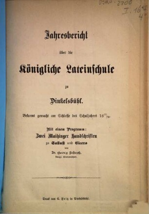 Jahresbericht über die Königliche Lateinschule zu Dinkelsbühl : bekannt gemacht am Schlusse des Schuljahres ..., 1877/78