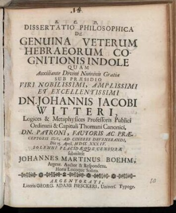 Dissertatio Philosophica De Genuina Veterum Hebraeorum Cognitionis Indole