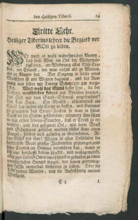 Dritte Lehr. Heiliger Tiberius lehret die Begierd vor Gott zu leiden.