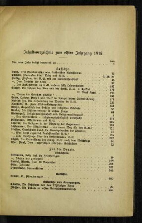 Inhaltsverzeichnis zum elften Jahrgang 1918