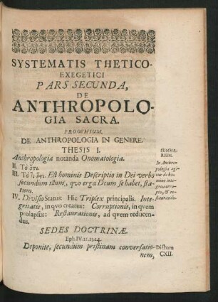 Pars Secunda, De Anthropologia Sacra.