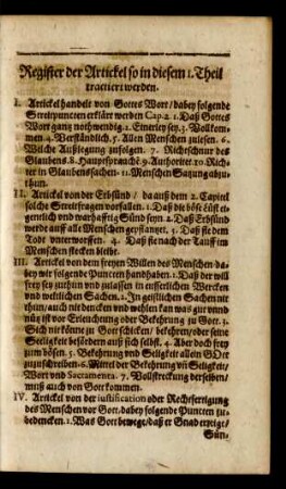 Register der Artickel so in diesem I. Theil tractiert werden.