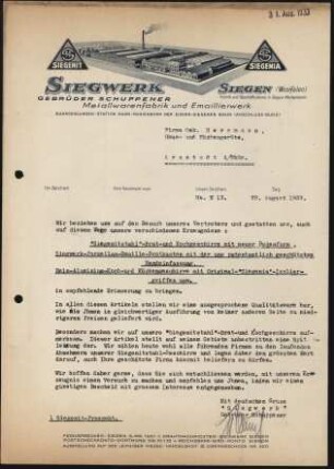 Firmenbriefkopf Siegwerk Gebr. Schuppener, Metallwarenfabrik und Emaillierwerk