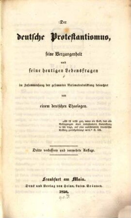 Der deutsche Protestantismus, seine Vergangenheit und seine heutigen Lebensfragen