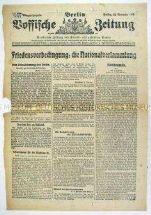 Titelblatt der Tageszeitung "Vossische Zeitung" zur Forderung der Kriegsgegner nach einer demokratischen deutschen Regierung