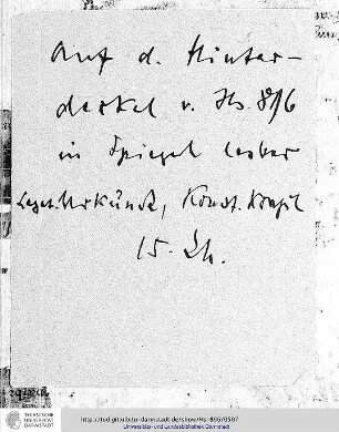 Abgedrückte Schrift einer Urkunde im Spiegel des Hinterdeckels, Fragment wurde vermutlich ohne Befeuchtung entfernt