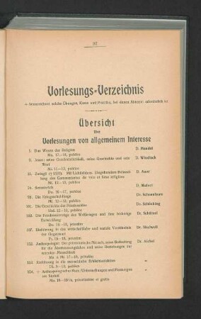 Übersicht über Vorlesungen von allgemeinem Interesse