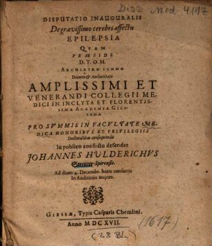 Disputatio Inauguralis De gravissimo cerebri affectu Epilepsia