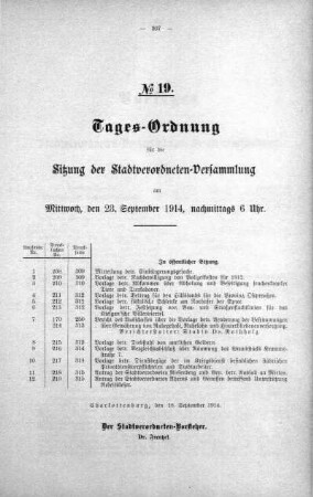 Tages-Ordnung No. 19. (208-220), 23. September 1914