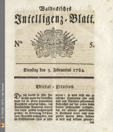 No. 5, Dienstag den 3. Februarius 1784