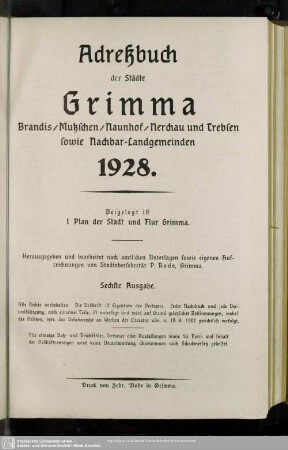 6.1928: Adressbuch der Städte Grimma, Brandis, Mutzschen, Naunhof, Nerchau und Trebsen sowie Nachbar-Landgemeinden
