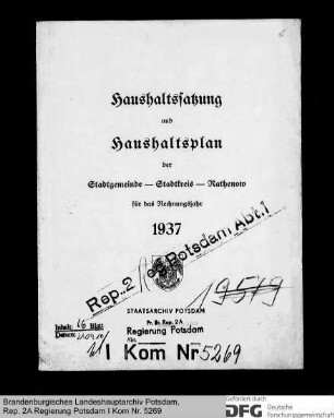 Haushaltssatzung und Haushaltsplan der Stadt Rathenow für das Rechnungsjahr 1937