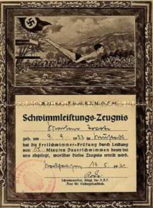 Urkunde über die bestandene "Freischwimmer-Prüfung"