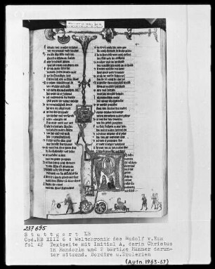 Weltchronik - Bruder Philipp — ---, Folio 1recto-256recto---, Folio 1recto-256rectoTextseite mit historisierter Initiale und Drolerien, Folio 42recto