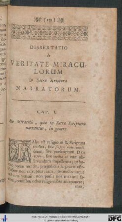 Dissertatio de Veritate Miraculorum in Sacra Scriptura Narratorum.