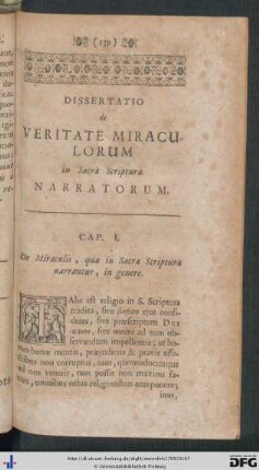 Dissertatio de Veritate Miraculorum in Sacra Scriptura Narratorum.