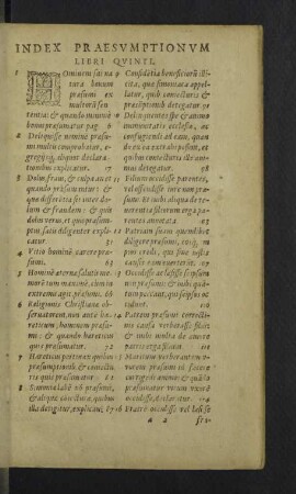 Index Praesumptionum Libri Quinti.