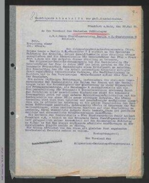 Abschrift Brief des ADF-Vorstands an den Vorstand des Deutschen Städtetages