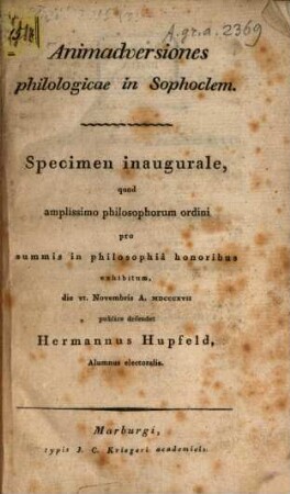 Animadversiones philologicae in Sophoclem : specimen inaug.