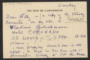 Brief an Willy Strecker und B. Schott's Söhne : o.D. ["Sunday"; Bearbeitungsvermerk von Schott vom "11.11." (ohne Jahresangabe)]