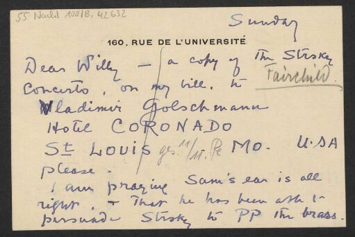 Brief an Willy Strecker und B. Schott's Söhne : o.D. ["Sunday"; Bearbeitungsvermerk von Schott vom "11.11." (ohne Jahresangabe)]