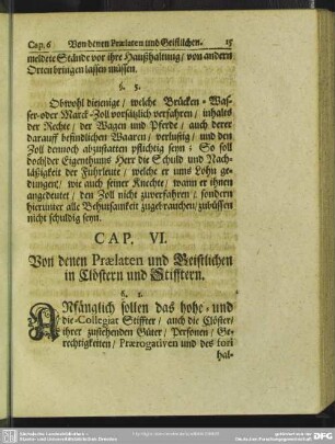 Cap. VI. Von denen Praelaten und Geistlichen in Clöstern und Stifftern
