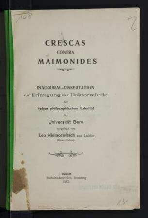 Crescas contra Maimonides / von Leo Niemcewitsch