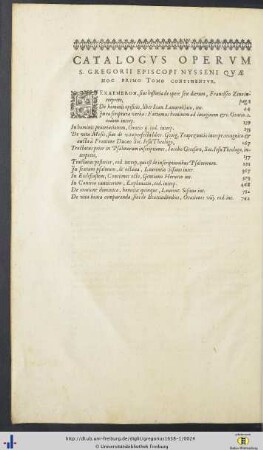 Catalogus Operum S. Gregorii Episcopi Nysseni Quae Hoc Tomo Continentur.