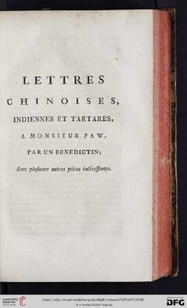 Lettres Chinoises, Indiennes et Tartares, à Monsieur Paw, par un Bénédictin