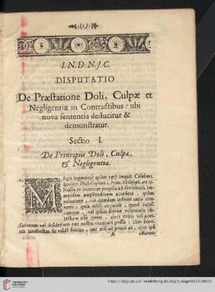 Sectio I: De Principiis Doli, Culpæ, & Negligentiæ