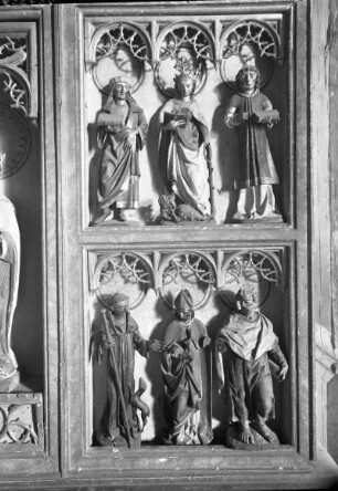Rechter Seitenflügel : Altar. Holz, geschnitzt, bemalt. Rechter Altarflügel, Coswig, Alte Kirche